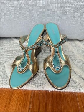 Vintage Baldinini Gold Leather Turquoise Crystal Wedge Sandals EU 39.5